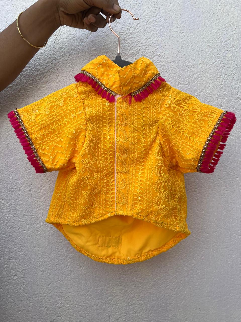 Yellow Chikankari Kurta with Fuchsia Tassels For dogs & cats