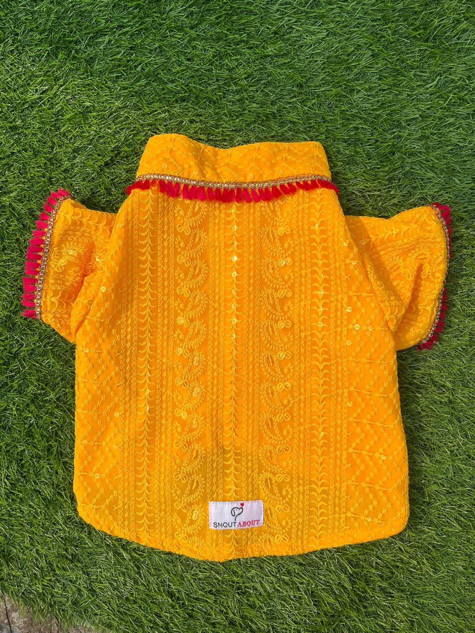 Yellow Chikankari Kurta with Fuchsia Tassels For dogs & cats