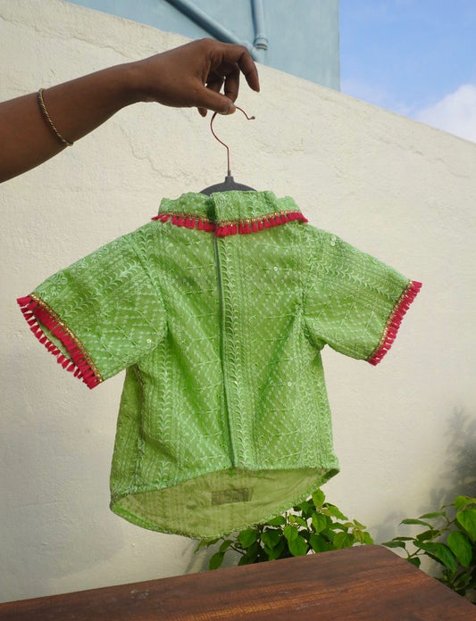 Pista Green Chikankari Kurta with Fuchsia Tassels for dogs & cats