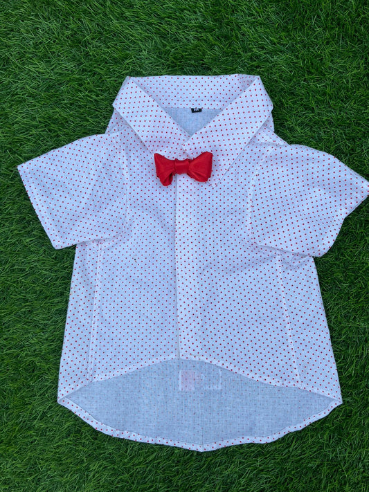 White and red polka dot shirt with red bow