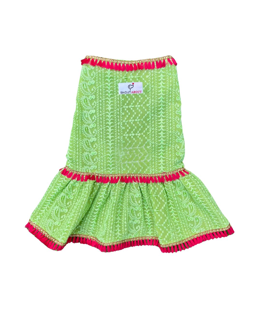 Green Chikankari Dress with Fuchsia Tassels for Dogs & Cats